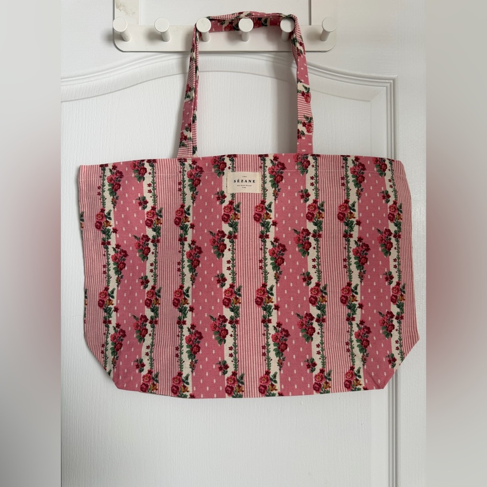 BRAND NEW Sezane Pink Floral Stripe Canvas Tote